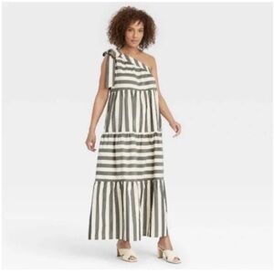 Who What Wear One Shoulder Bow Tie Striped Maxi Dress